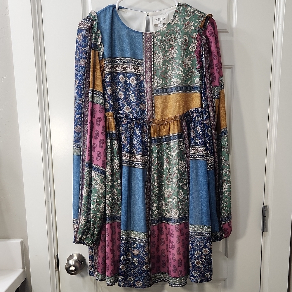 Aura Patchwork Print Long Sleeve Mini Dress - Small